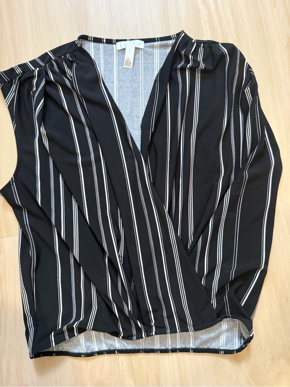 Leith Black and White Striped Surplice Blouse